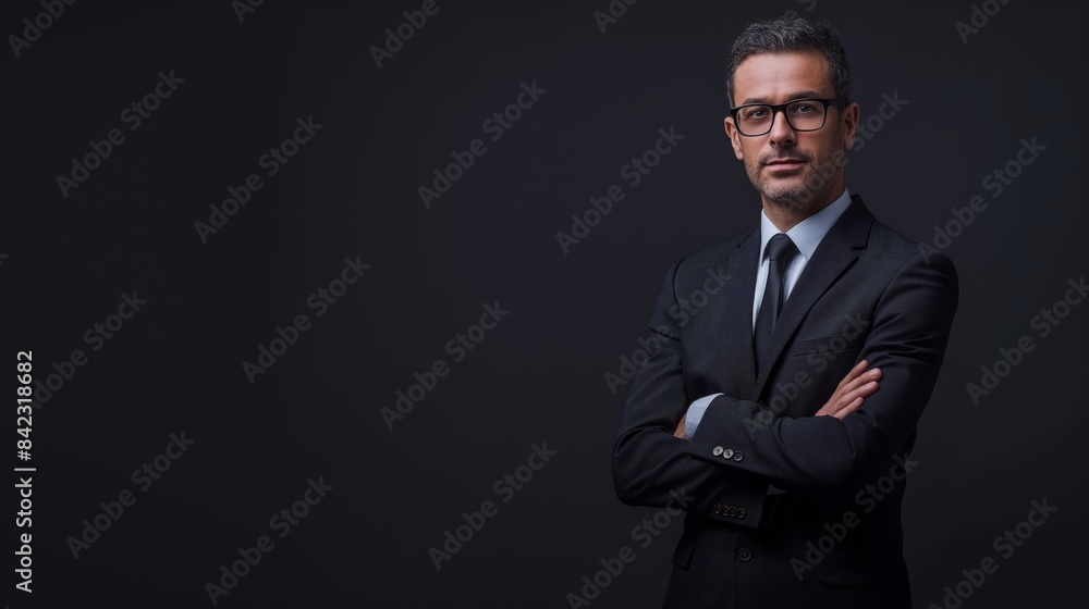 Elegant businessman with eyeglasses and a professional demeanor against a dark background Elegant businessman with eyeglasses and a professional demeanor against a dark background