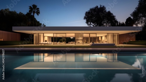 3d rendering of modern cozy house with pool and garden at night © Michelle