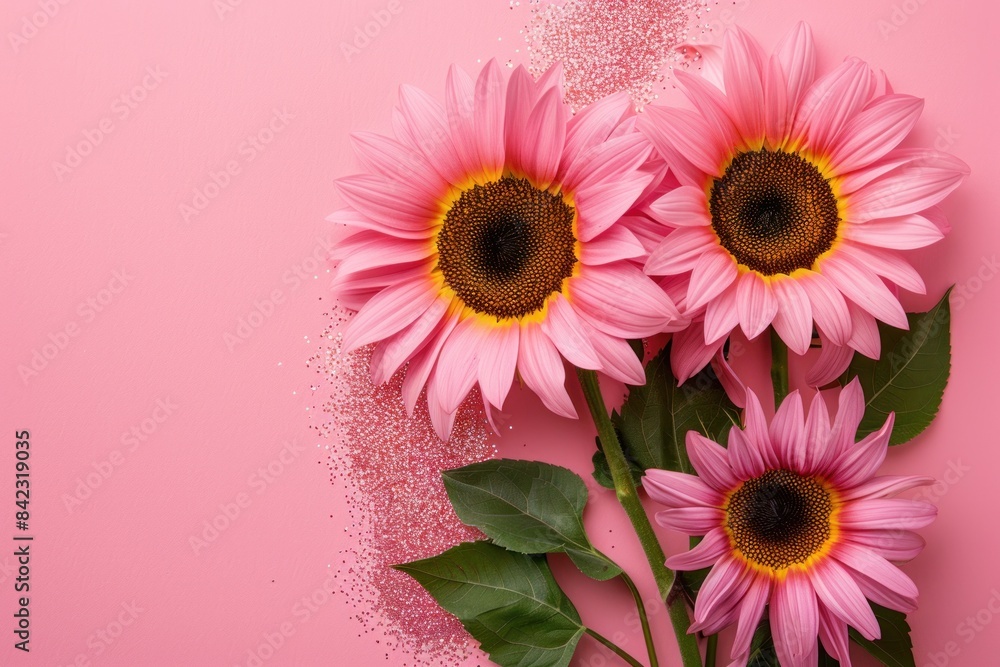 From above, a captivating display of pink sunflower flowers set against a shimmering backdrop of glitter. From above, a captivating display of pink sunflower flowers set against a shimmering backdrop of glitter.