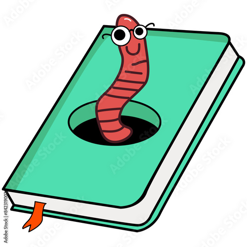 Pink earthworm in a green book.  notebooks. Hand drawn educational vector illustration. Flat design. Cartoon style. 