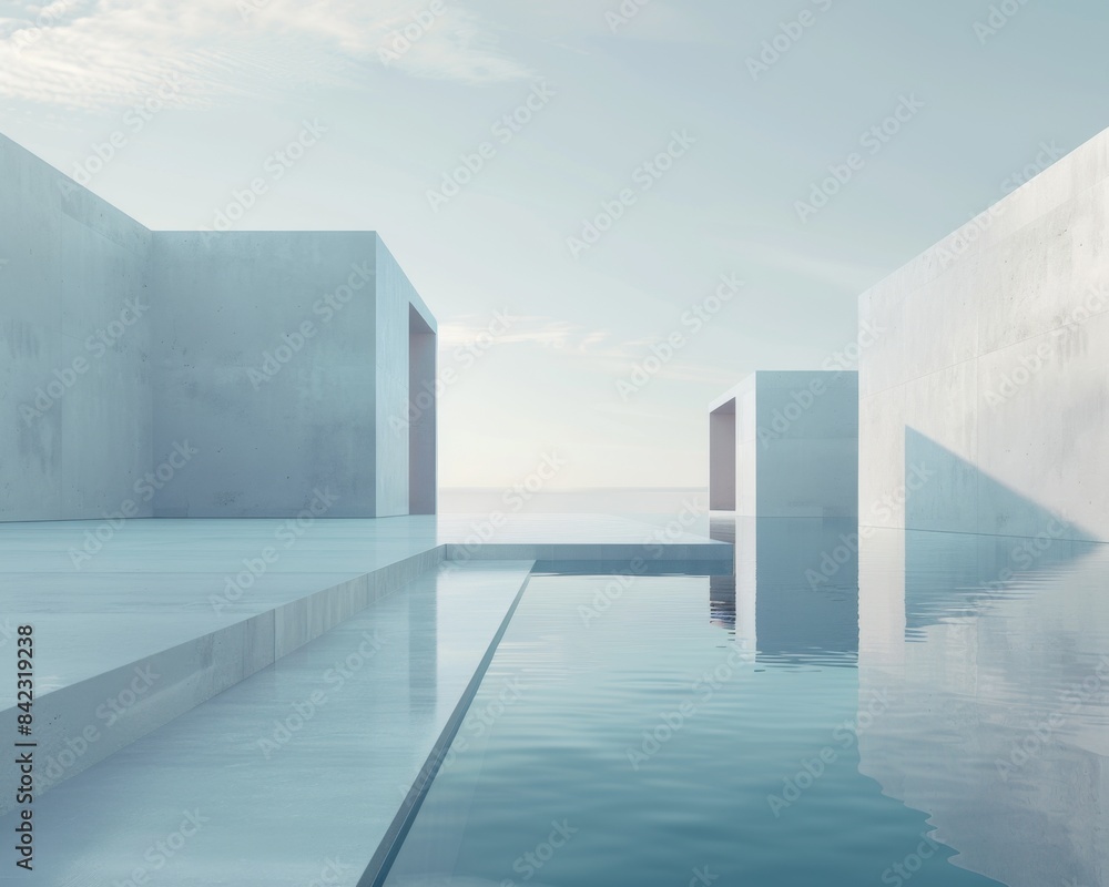 Obraz premium Minimalistic Abstract Architecture Desktop Wallpaper, Geometric Shapes, Monochromatic color, Modern Simplicity, landscape design, banner design, brochure, pattern design, web, wallpaper, background te