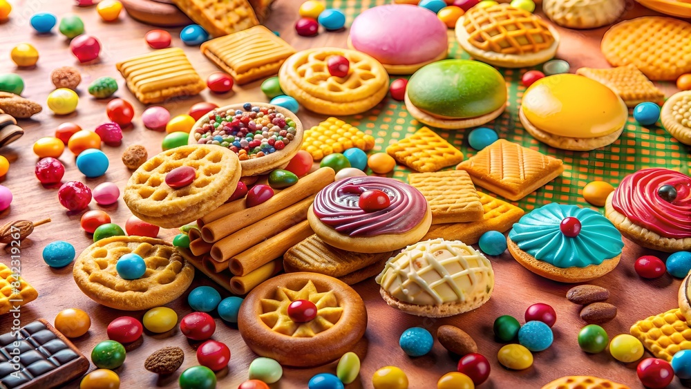 A Variety Of Colorful Cookies And Candies Are Arranged On A Wooden Table. The Image Is Taken From A Top-Down Perspective. A Variety Of Colorful Cookies And Candies Are Arranged On A Wooden Table. The Image Is Taken From A Top-Down Perspective.