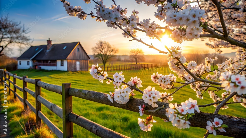 A Beautiful Spring Day In The Countryside With A Blooming Tree In The Foreground And A House In The Background.