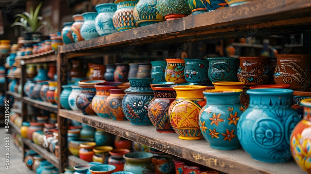 Fototapeta premium Neatly arranged rows of artisan-crafted ceramic pots displayed on wooden shelves in a sunlit market, symbolizing the timeless artistry and meticulous craftsmanship in traditional pottery.