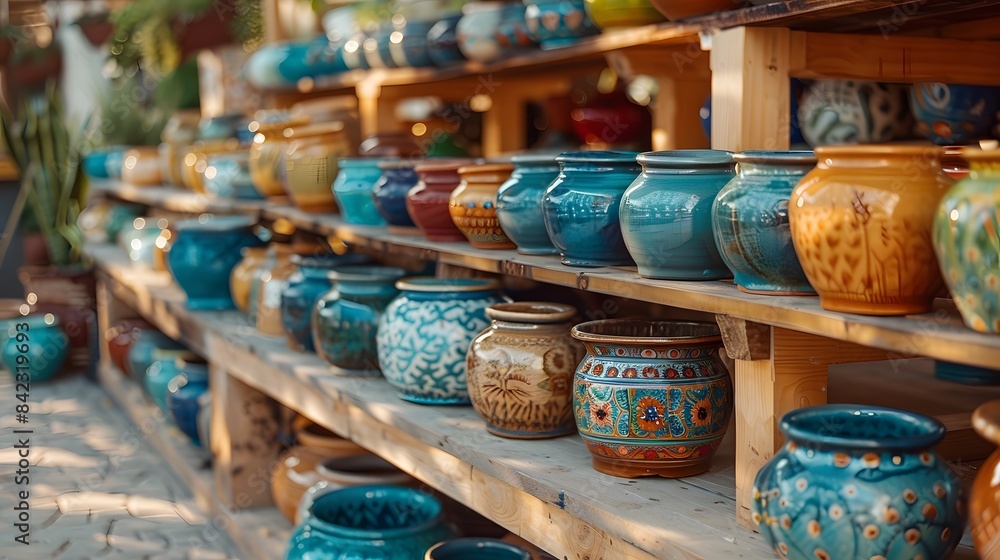 Neatly arranged rows of artisan-crafted ceramic pots displayed on wooden shelves in a sunlit market, symbolizing the timeless artistry and meticulous craftsmanship in traditional pottery. Neatly arranged rows of artisan-crafted ceramic pots displayed on wooden shelves in a sunlit market, symbolizing the timeless artistry and meticulous craftsmanship in traditional pottery.