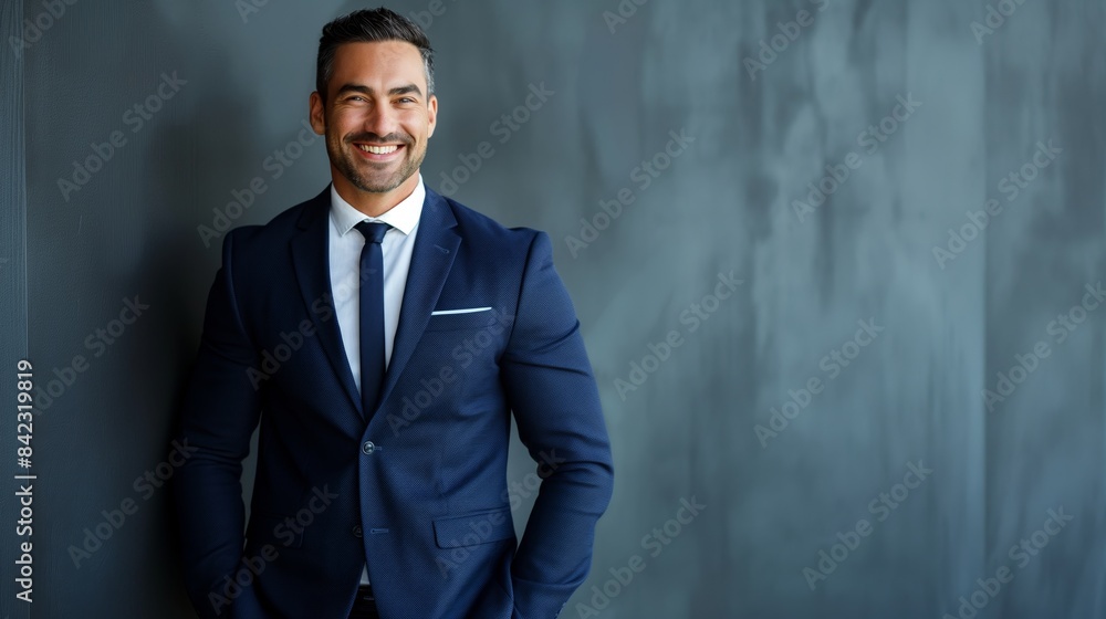 Amiable businessman with a captivating smile, dressed smartly and standing against a dark backdrop Amiable businessman with a captivating smile, dressed smartly and standing against a dark backdrop