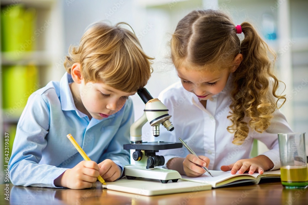Two children are looking through a microscope and writing in their notebooks Two children are looking through a microscope and writing in their notebooks