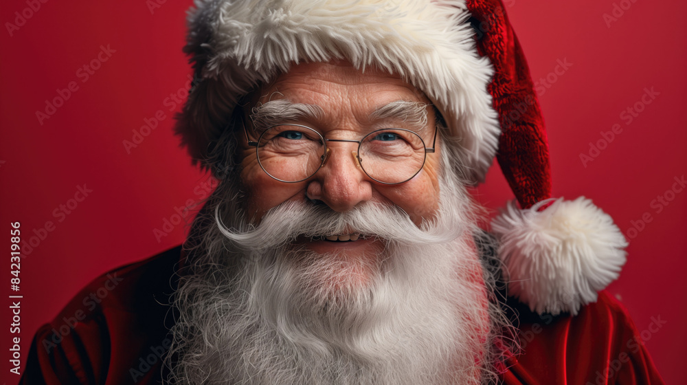 Close-up Portrait of Santa Claus Smiling with Red Background. Close-up Portrait of Santa Claus Smiling with Red Background.