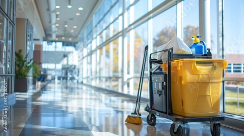 A cart filled with various cleaning supplies parked in a hallway of an office building, banner, copy space