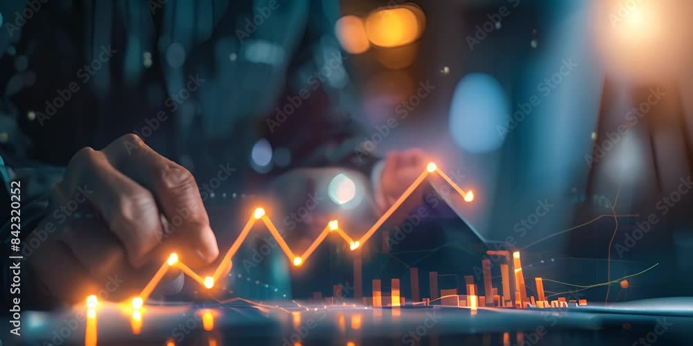 Businessman touching a glowing graph line that goes upward on a ...