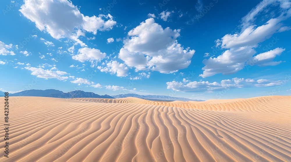 Realistic photo of the desert dunes with blue sky and white clouds. Realistic photo of the desert dunes with blue sky and white clouds.