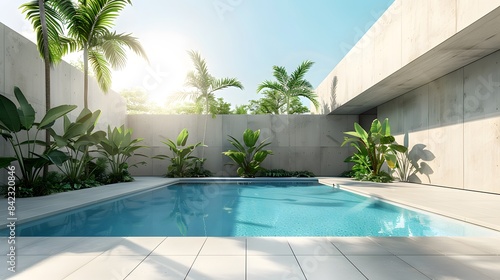 swimming pool  concrete wall behind the pool  palm trees around it  bright sunlight  photo realistic  high resolution photography  in the style of high resolution photography.