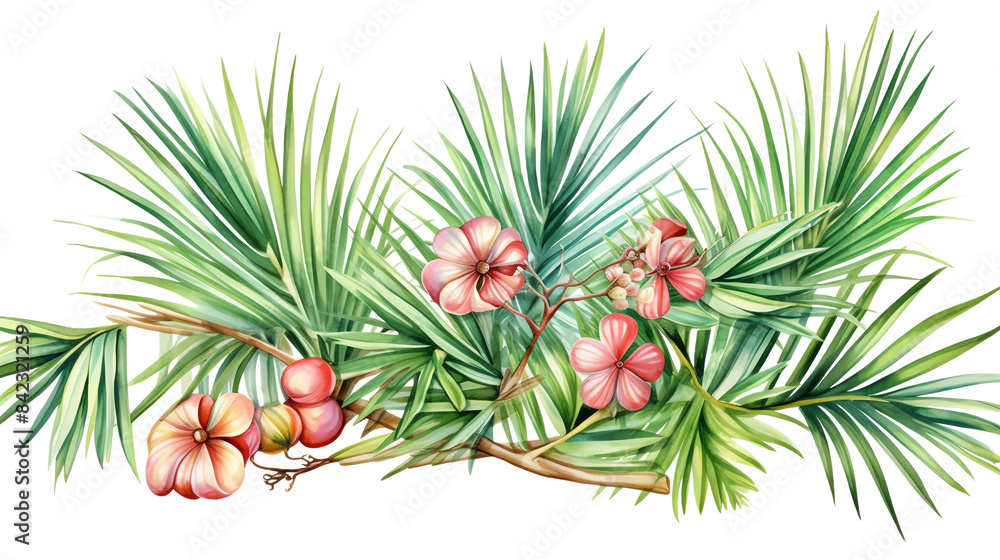 Fototapeta premium Beautiful watercolor illustration of tropical flowers and palm leaves, providing an exotic and refreshing design for various creative uses.