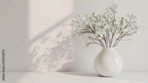 White wall with white flower vase on a table, in a minimalistic style, with a simple background, copy space for text or logo, with a clean and elegant design.