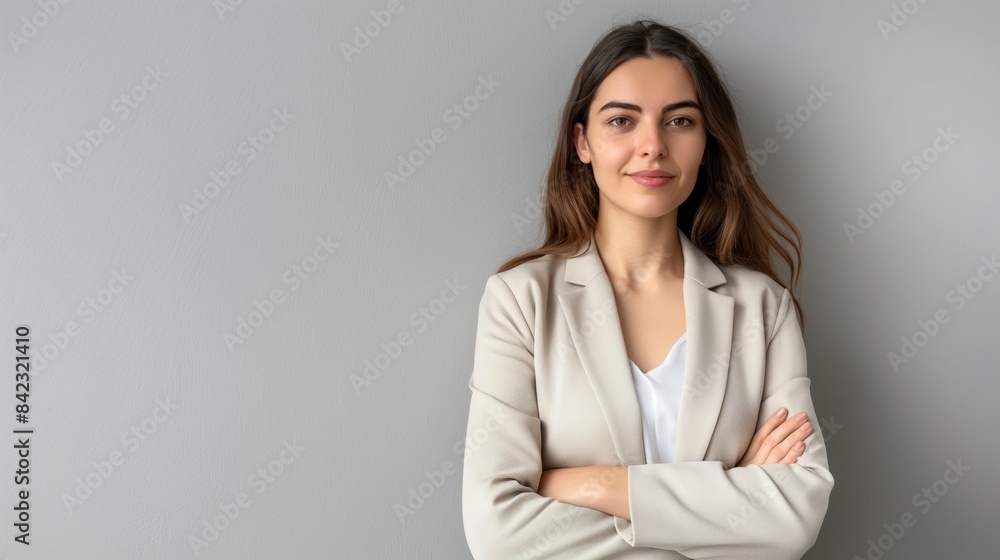 Elegant young professional woman in a beige suit stands confidently with arms crossed Elegant young professional woman in a beige suit stands confidently with arms crossed
