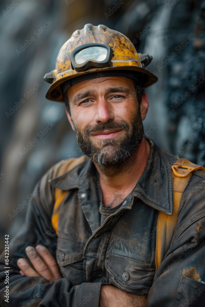 Portrait of a Miner in Work Gear with a Dirty Face.