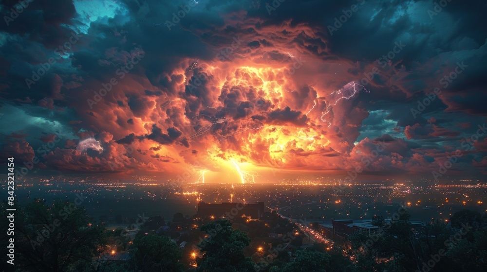 Lightning forks across the heavens, framing the podium in a breathtaking display of natural power and beauty. Lightning forks across the heavens, framing the podium in a breathtaking display of natural power and beauty.