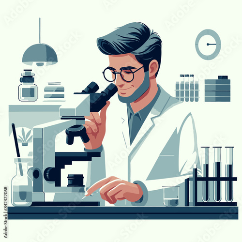 A vector illustration of a Scientist wearing a lab coat, using a microscope in a laboratory setting, surrounded by scientific equipment