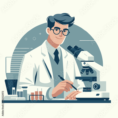 A vector illustration of a Scientist wearing a lab coat, using a microscope in a laboratory setting, surrounded by scientific equipment