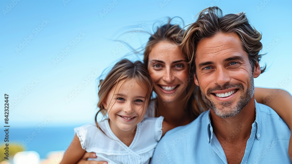 Happy parents with their children, blue sky on background. copy space.