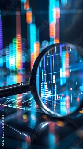  Magnifying glass and documents with analytics data lying on table, selective focus