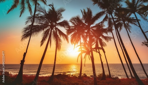 Background in the concept of summer with silhouettes of coconut trees with visible sky and sun using reggae style colors.