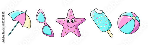 Summer beach vector vacation icon set. Fun doodle illustration for holiday. Collection stickers for summer holidays and parties. Elements for festival invitation poster banner. Vector illustration