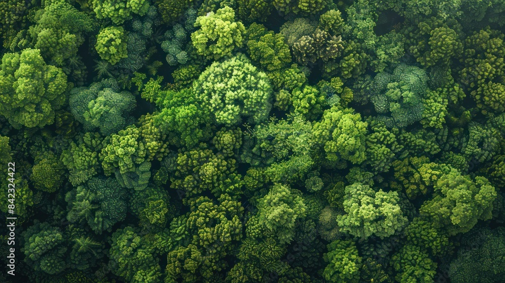 Naklejka premium Aerial top view of green dense forest in tropical climate.
