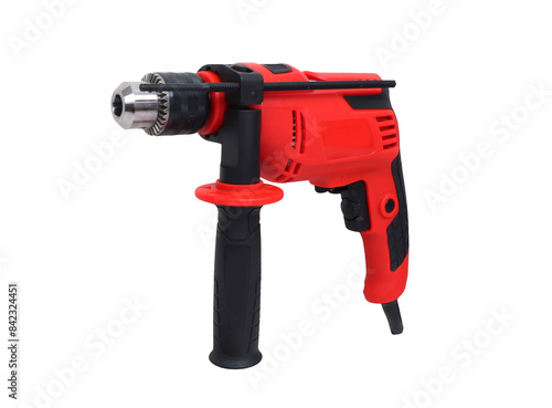 red black electric hand drill isolate d on light background