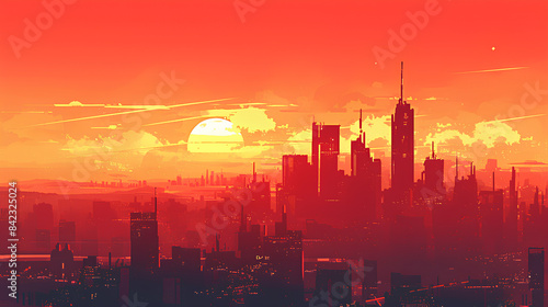 illustration of city sunset landscape with new york city