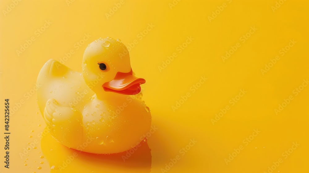 Rubber baby duck toy swimming against yellow backdrop Rubber baby duck toy swimming against yellow backdrop