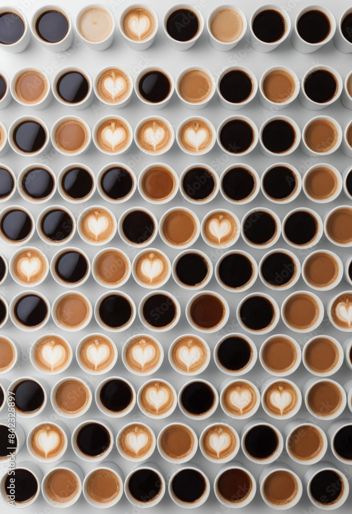 A top-view of a simple table with forty cups of coffee, arranged in a neat pattern, against a stark white background A top-view of a simple table with forty cups of coffee, arranged in a neat pattern, against a stark white background