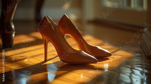 pair of high heeled shoes sitting on a wooden floor photo