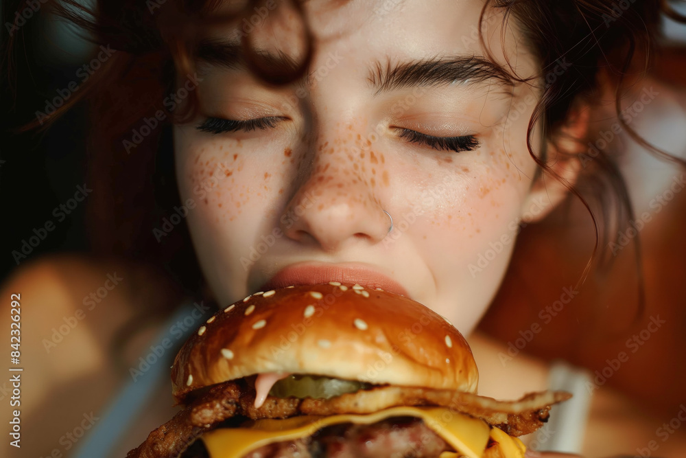 Freckled Girl Savoring a Bacon Cheeseburger Freckled Girl Savoring a Bacon Cheeseburger