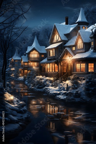 Winter night in the village with a reflection in the water. 3d rendering