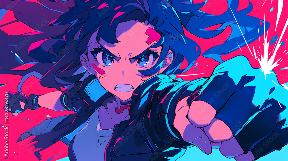 Cyberpunk style angry fighting anime characters with psychedelic neon background Cyberpunk style angry fighting anime characters with psychedelic neon background