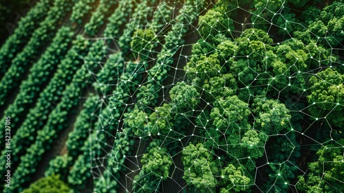 Aerial view of a smart farm with interconnected plant sensors and data networks, showing precision agriculture and modern farming technology.