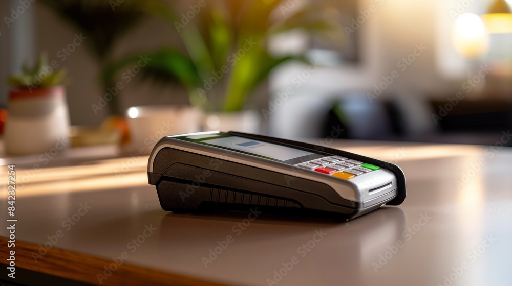A sharp image of a card payment terminal on a wooden surface, symbolizing commerce and technology A sharp image of a card payment terminal on a wooden surface, symbolizing commerce and technology