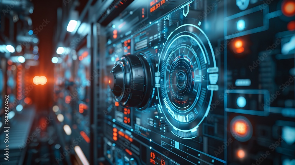Close-up of a futuristic control panel with holographic displays, showcasing advanced technology and cyber interface in blue light. Close-up of a futuristic control panel with holographic displays, showcasing advanced technology and cyber interface in blue light.