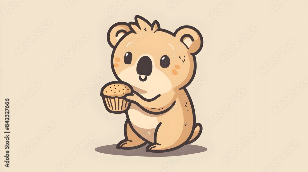 Fototapeta premium Adorable Koala Holding a Muffin with Minimalistic Drawing Style