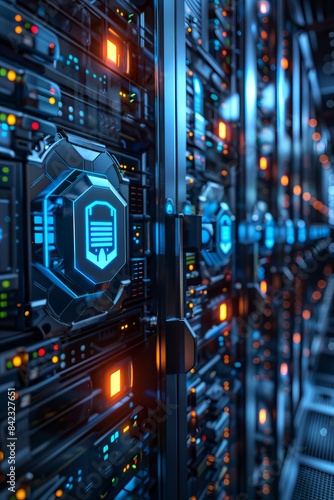 Wallpaper Mural Close-up of a modern data center server rack with vibrant lights, representing advanced computing technology and digital infrastructure. Torontodigital.ca