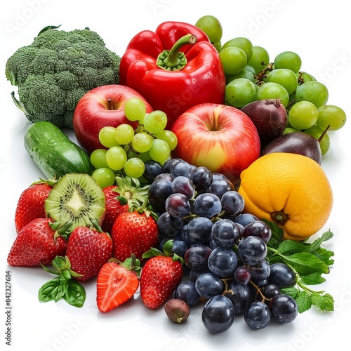 pile of different fruits and vegetables on a white surface