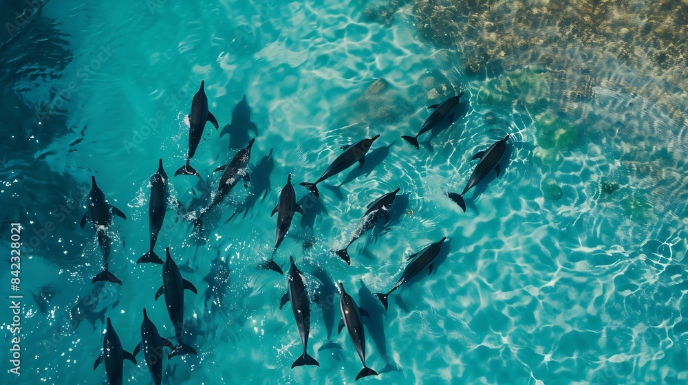 Aerial view of dolphins swimming through tropical blue water : Generative AI Aerial view of dolphins swimming through tropical blue water : Generative AI