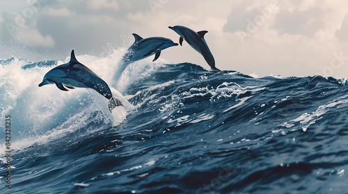 Four beautiful dolphins jumping over breaking waves Hawaii Pacific Ocean wildlife scenery Marine animals in natural habitat : Generative AI © The Little Hut