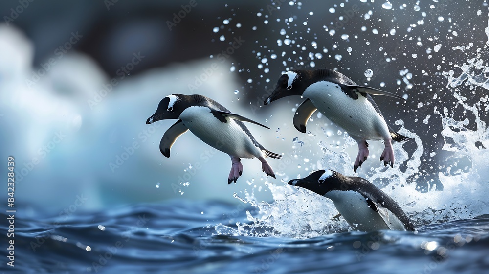 Obraz premium Two adelie penguins dive into the water while their friends excitedly cheer them on : Generative AI