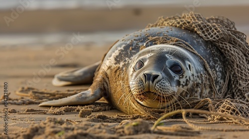 An Atlantic Grey Seal tragically caught in the remains of a fishing net rests on Horsey Beach in Norfolk England These  pictures were used to alert animal welfare services to the seals : Generative AI photo