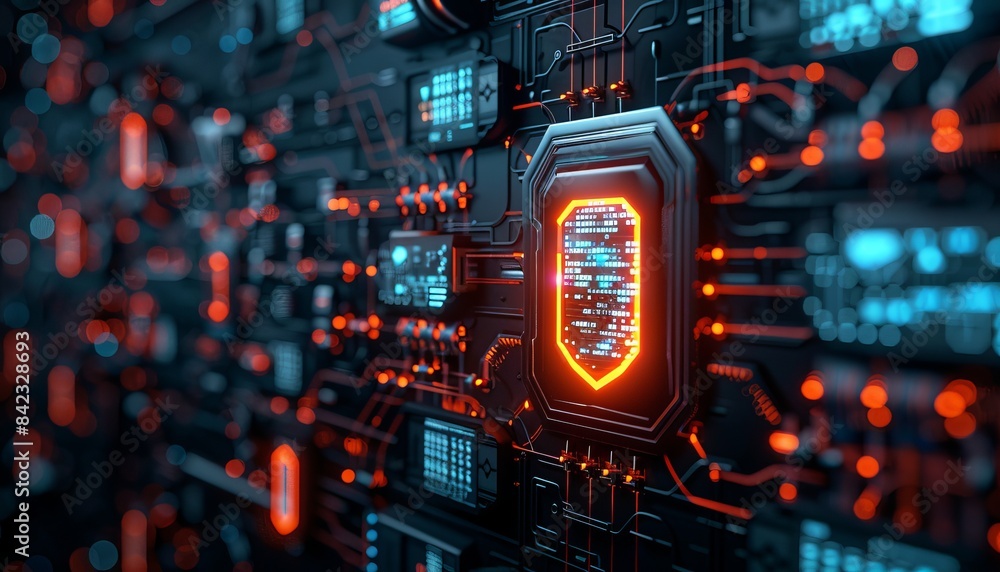 Futuristic digital motherboard with glowing shield icon representing ...