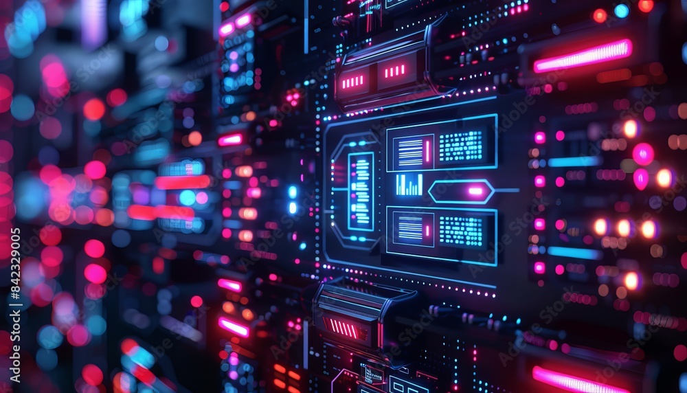 Futuristic server room with colorful lights and detailed technological panels, showcasing a high-tech data center environment. Futuristic server room with colorful lights and detailed technological panels, showcasing a high-tech data center environment.
