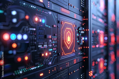 Futuristic server room with glowing digital lock icon, representing cybersecurity and data protection in a modern, high-tech environment. © NEW