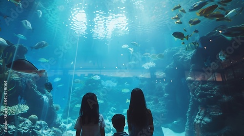 Family in aquarium Kids watch tropical fish marine life Child looking at sea animals in large oceanarium Ocean life museum School or vacation day trip to aqua park : Generative AI photo